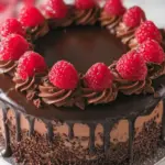 Decadent chocolate raspberry layer cake with fresh raspberries and chocolate shavings, perfect for celebrations.
