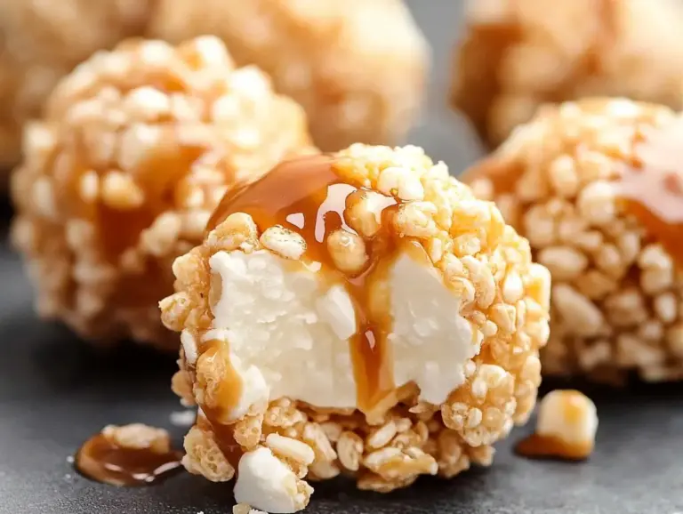 Chewy caramel marshmallow rice krispie balls on a colorful platter, perfect no-bake dessert for kids.