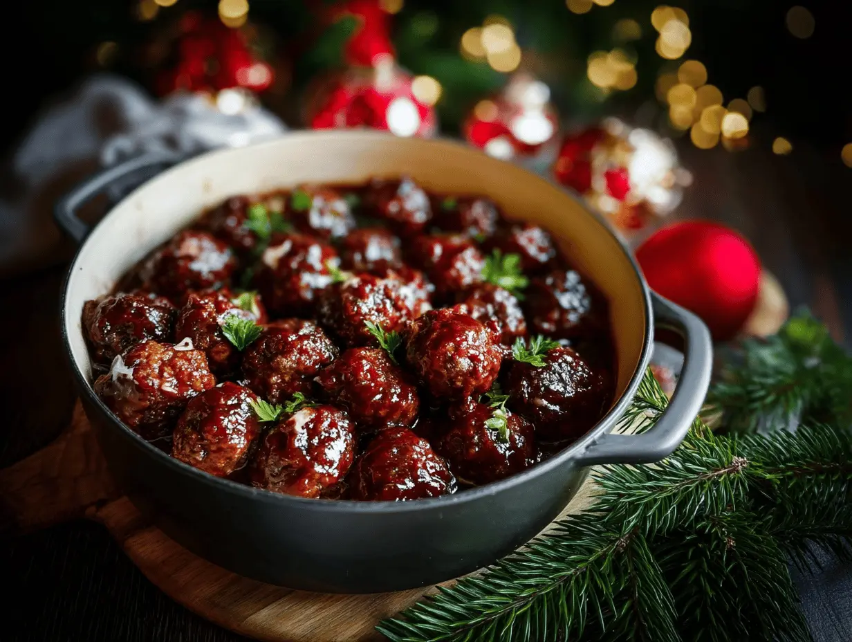 Delicious Christmas meatballs on a festive platter with unique sauces and holiday garnishes, perfect for easy holiday appetizers.