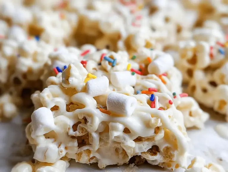 Colorful marshmallow popcorn treats in a bowl with sprinkles, perfect for movie nights and parties.