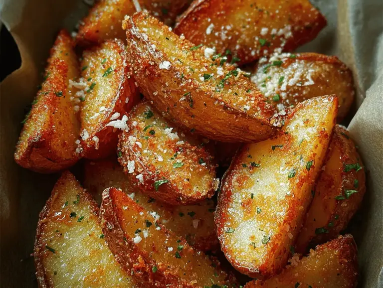 Crispy baked garlic Parmesan potato wedges garnished with parsley and served with garlic aioli.