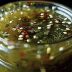 Homemade dill pickle hot sauce with fresh ingredients like dill and jalapeños on a wooden table