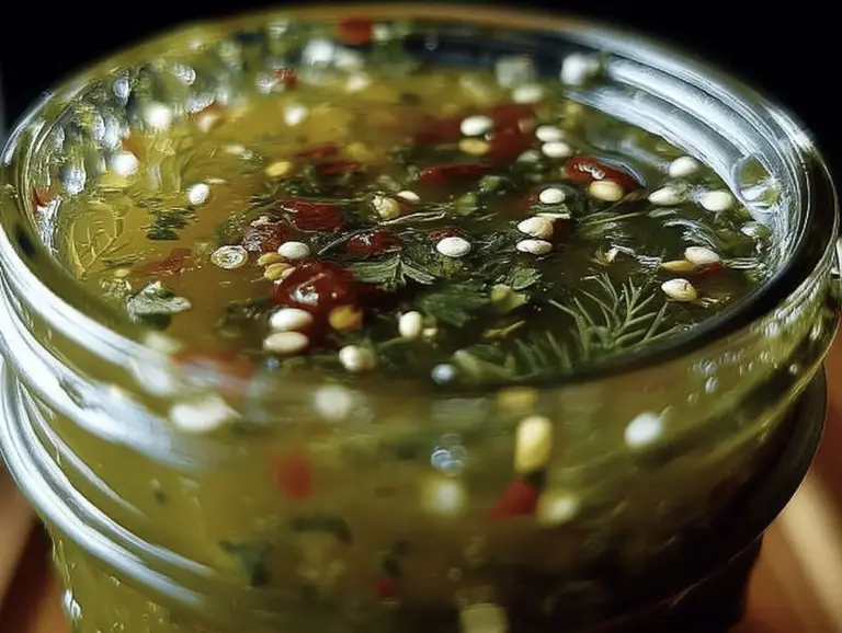 Homemade dill pickle hot sauce with fresh ingredients like dill and jalapeños on a wooden table