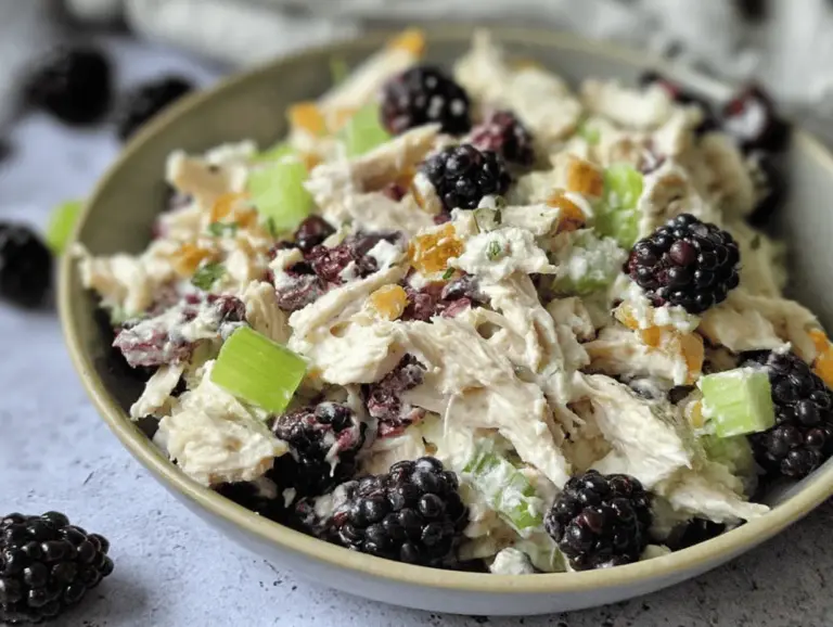 Low Carb Blackberry Cottage Cheese Chicken Salad served in a bowl with fresh blackberries, chicken, and herbs, perfect for a healthy meal.