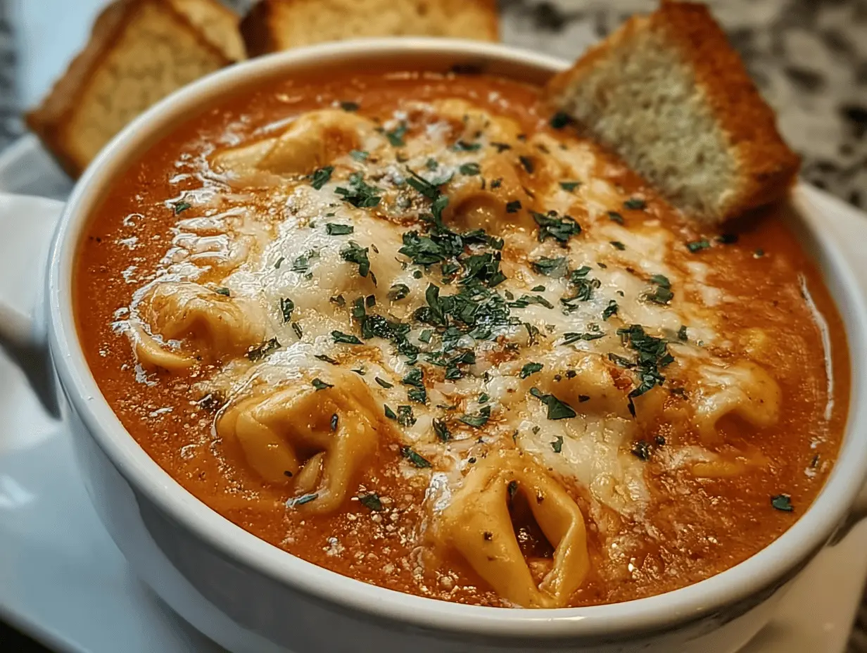 Creamy Slow Cooker Tomato Tortellini Soup with Cheddar Toast Bites