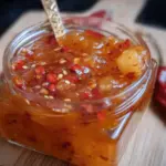 Homemade sweet chili pineapple sauce in a bowl with fresh pineapple and chili peppers, perfect tropical dipping sauce.