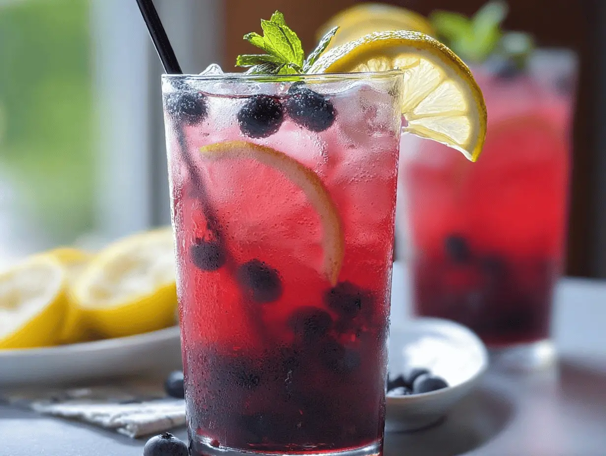 Refreshing blueberry tea lemonade in a glass with lemon slices and mint, perfect for summer gatherings.