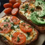 Easy Tomato Avocado Melt sandwich with fresh tomatoes and avocados on toasted bread, served with a side salad for a healthy snack.