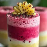 Refreshing hibiscus pineapple smoothie in a glass garnished with pineapple slices and hibiscus flowers, perfect for summer hydration.