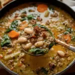 Delicious vegan Tuscan white bean soup in a bowl, garnished with herbs and olive oil, served with bread.